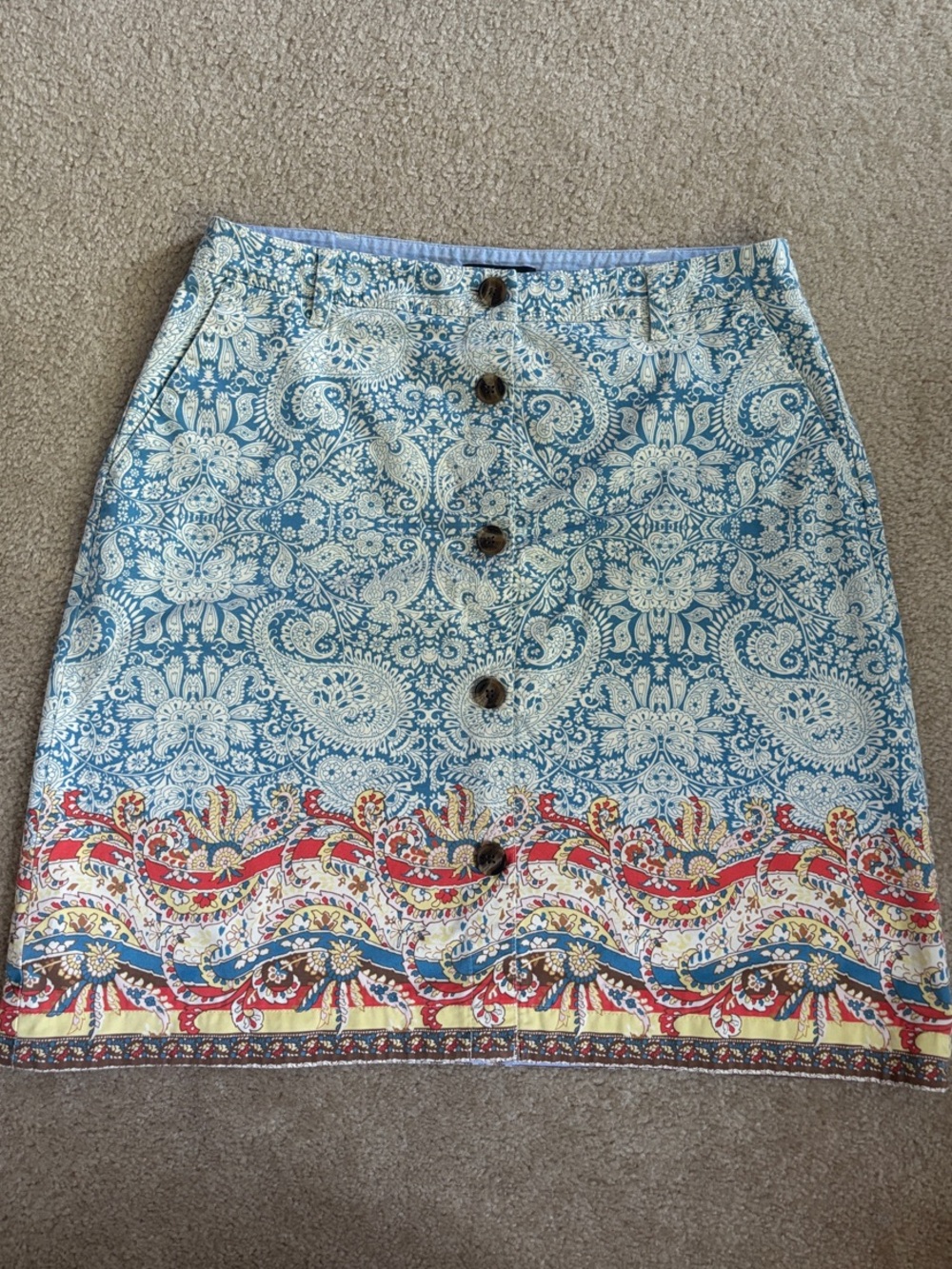 Lands' End Blue Paisley Button-Front Mini Skirt with Multicolor Hem